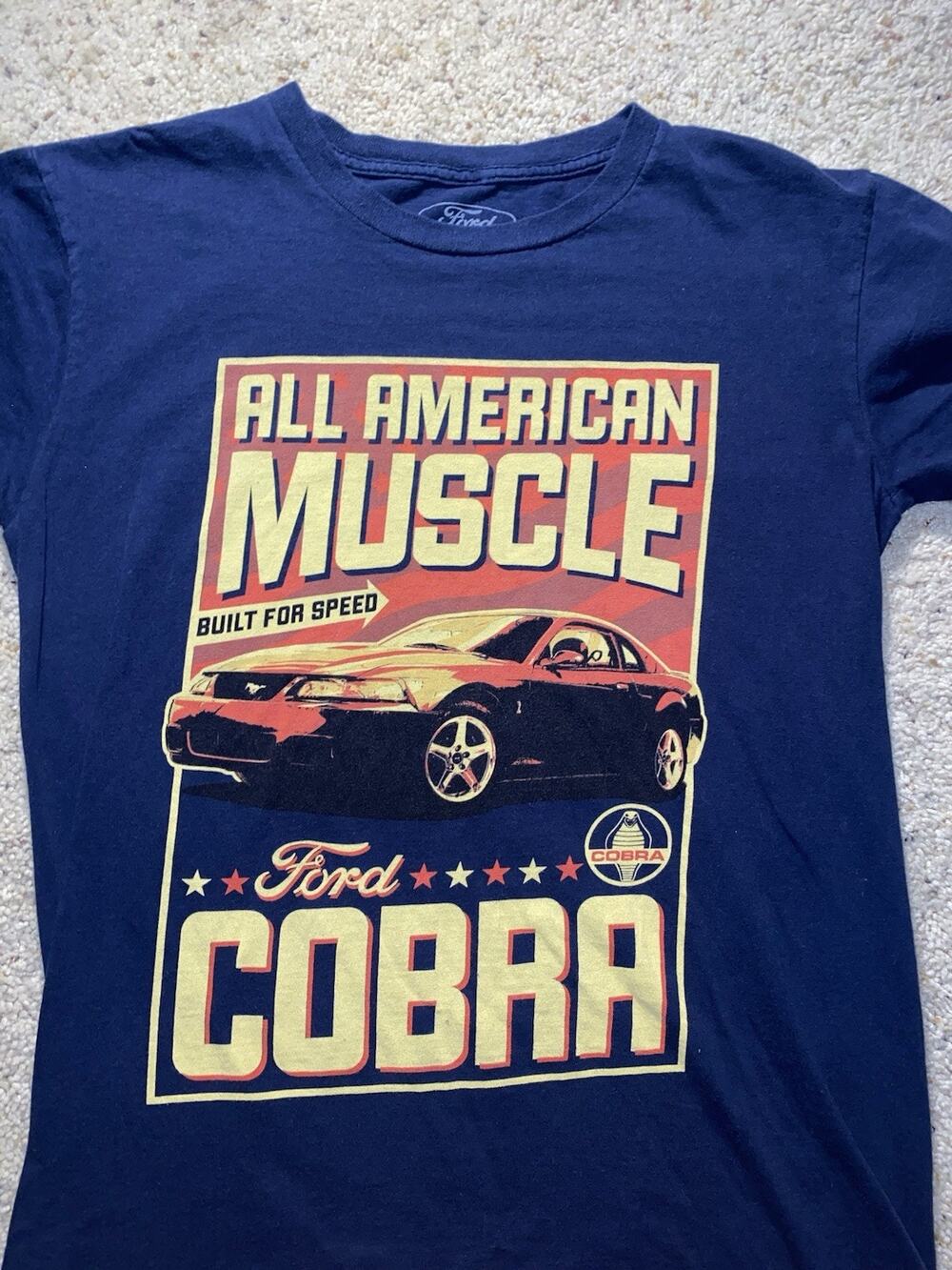 Ford Mustang Cobra Mens Small Navy All American Muscle Car Graphic Collector Tee